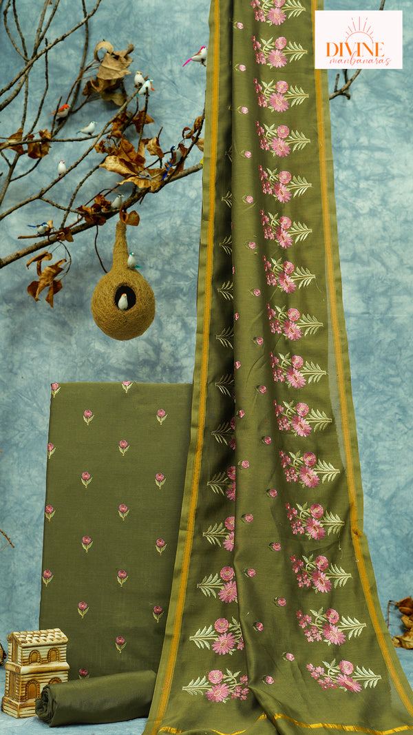 Embroiderd Olive Green Pure Chanderi Unstitched Suit Set