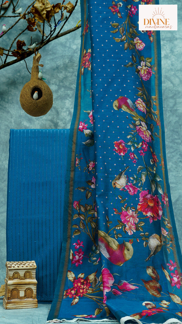 Intense Blue Pure Chanderi Unstitched Suit Set