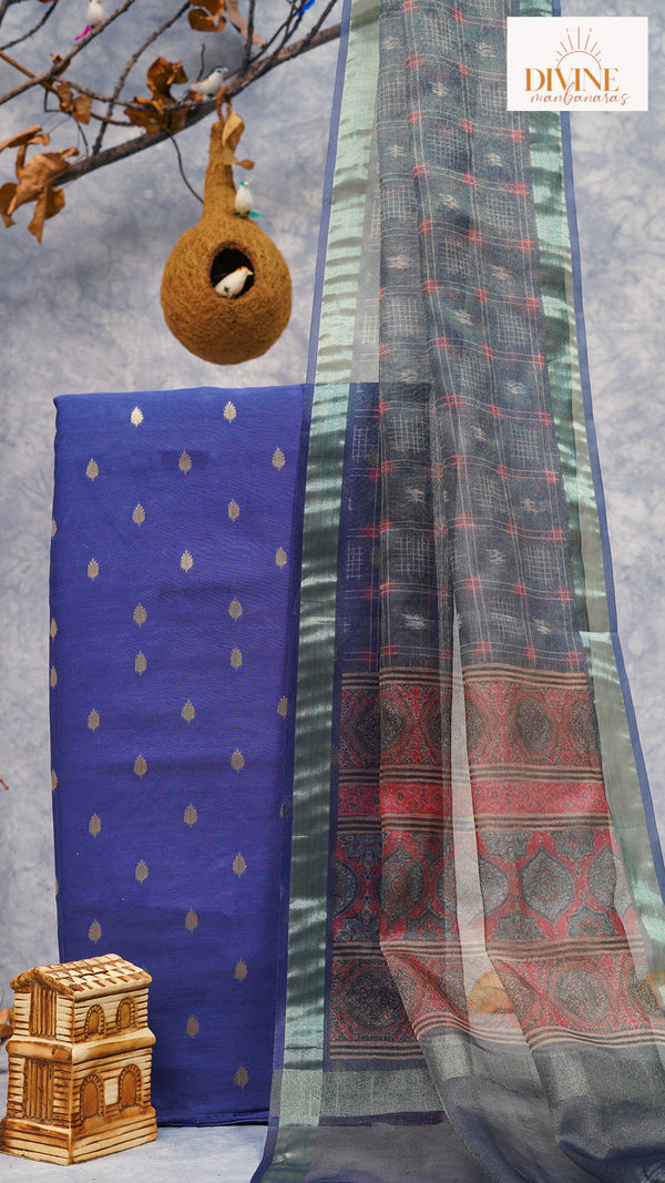 Purple Blue Pure Chanderi Unstitched Suit Set