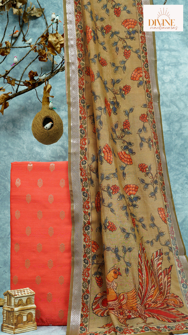 Deep Bright Orange Pure Chanderi Unstitched Suit Set