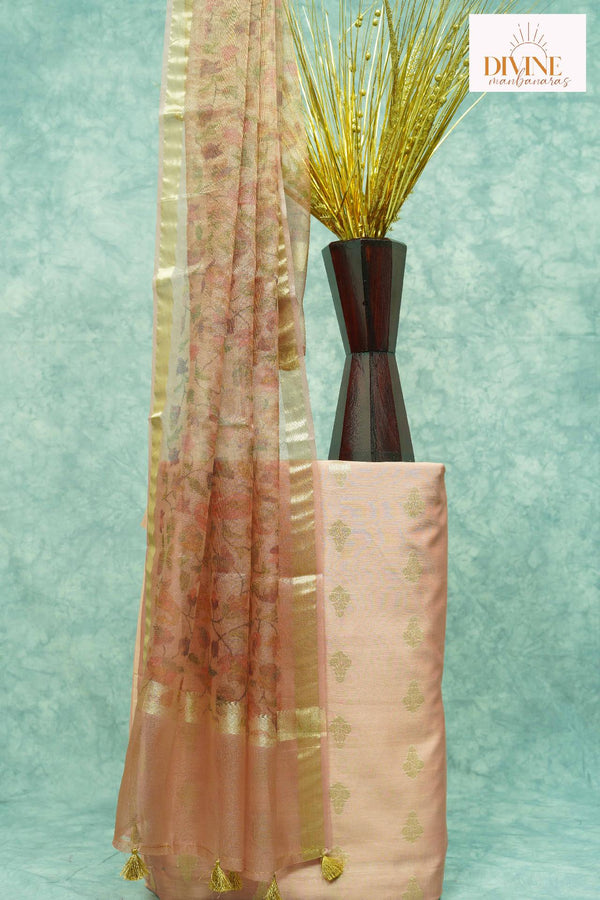 Crayon Peach Pure Chanderi Unstitched Suit Set