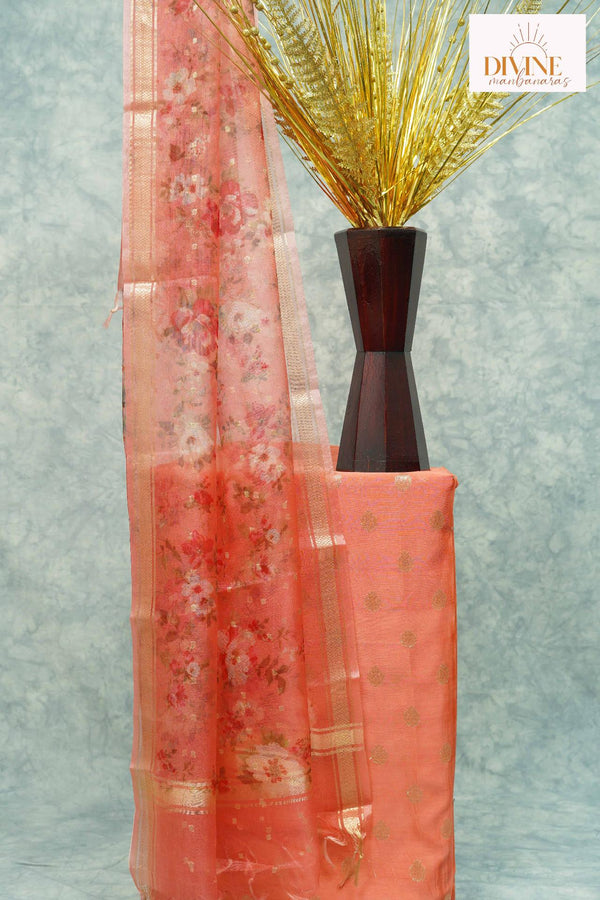 Rattling Coral Pink Pure Chanderi Unstitched Suit Set