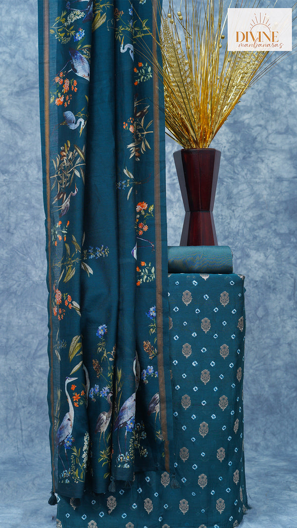 Baroque Peacock Color Unstitched Suit Set