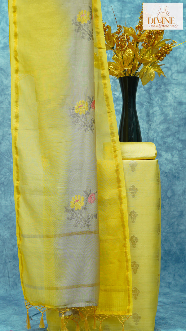 Lazy Daisy Yellow Shaded Pure Chanderi Unstitched Suit Set