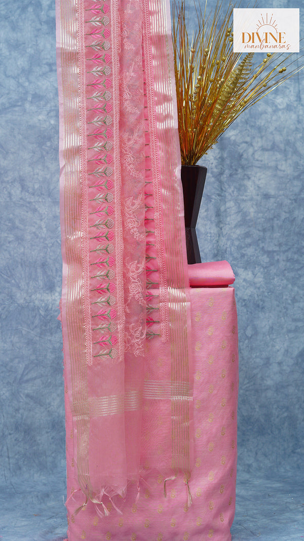 Soothing Rose Pink Pure Chanderi Unstitched Suit Set