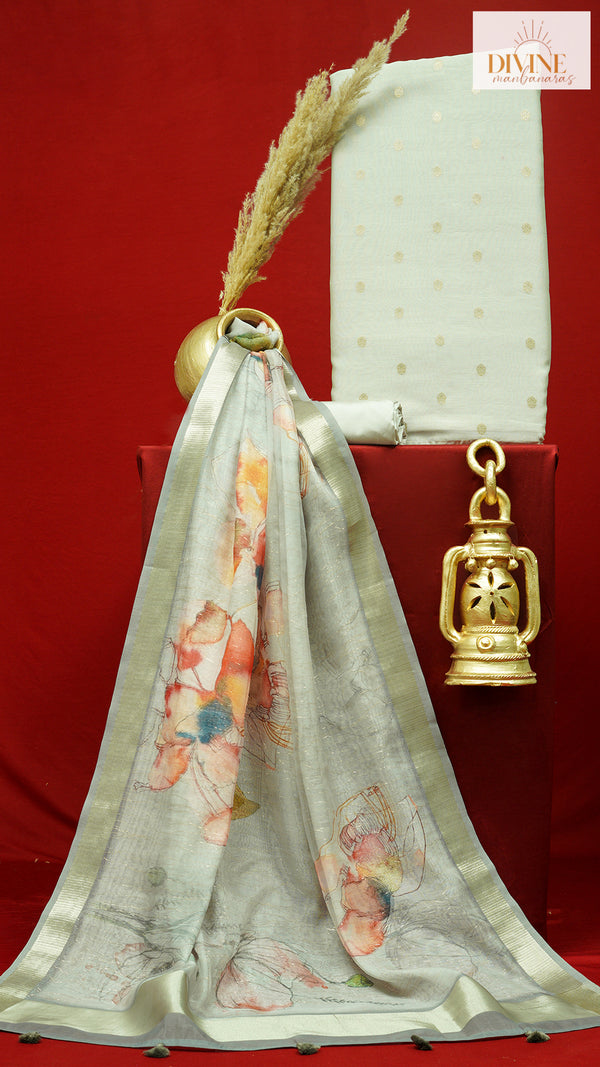 Feathery Cloud Grey Pure Chanderi Unstitched Suit Set