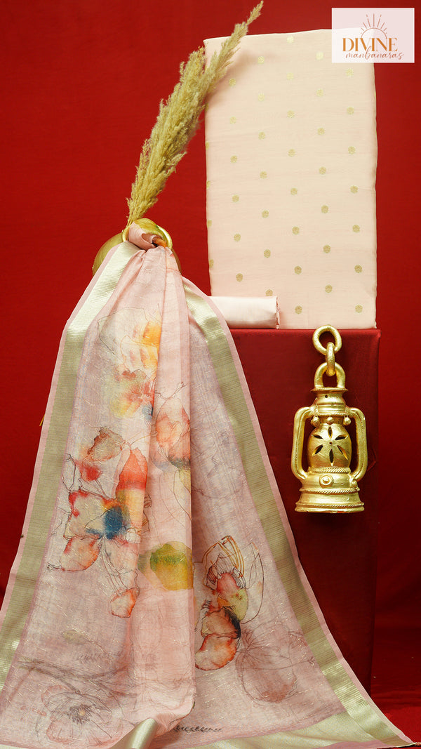 Serene Apricot Peach Pure Chanderi Unstitched Suit Set