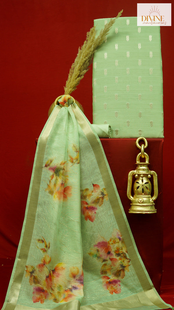 Calming Mint Green Pure Chanderi Unstitched Suit Set