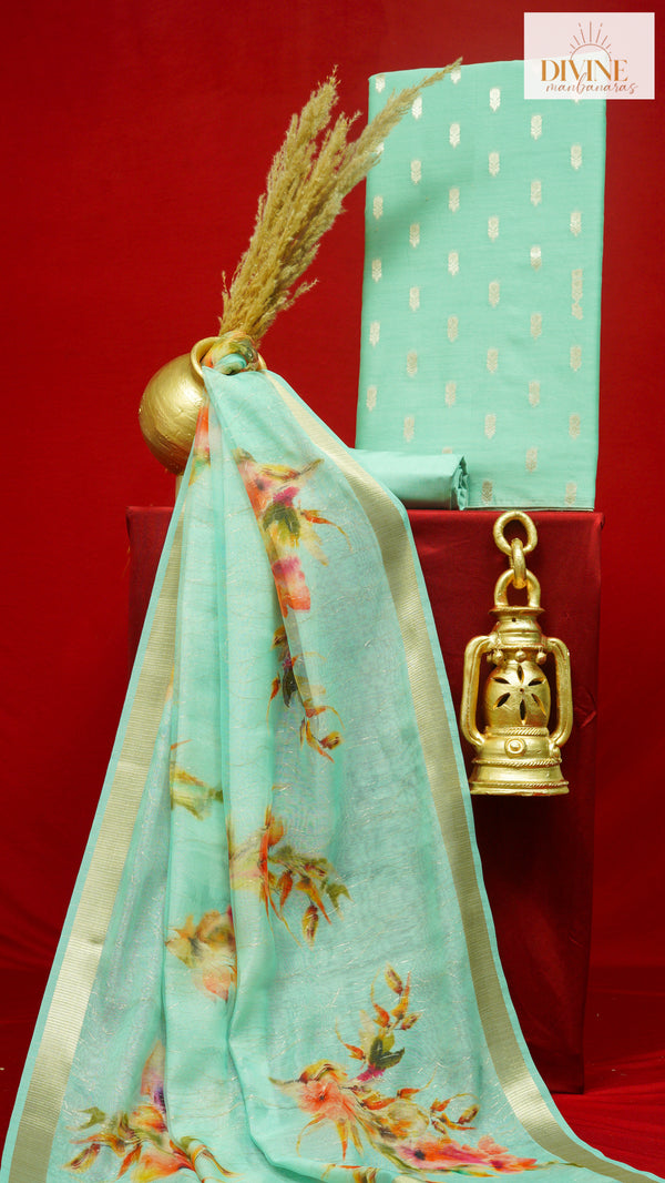 Light Turquoise Pure Chanderi Unstitched Suit Set