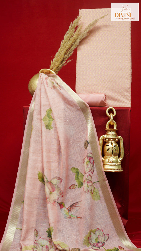 Satisfying Flesh Pink Pure Chanderi Unstitched Suit Set