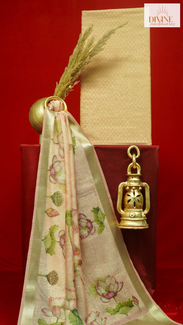 Fine Naive Peach Pure Chanderi Unstitched Suit Set