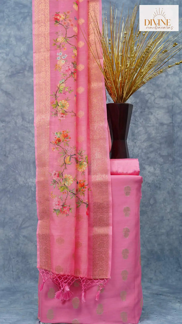 Attentive Pink Pure Chanderi Unstitched Suit Set