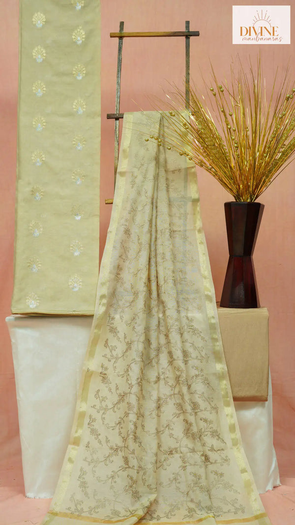 Blooming in Silver and Gold Pure Chanderi Unstitched Suit Set
