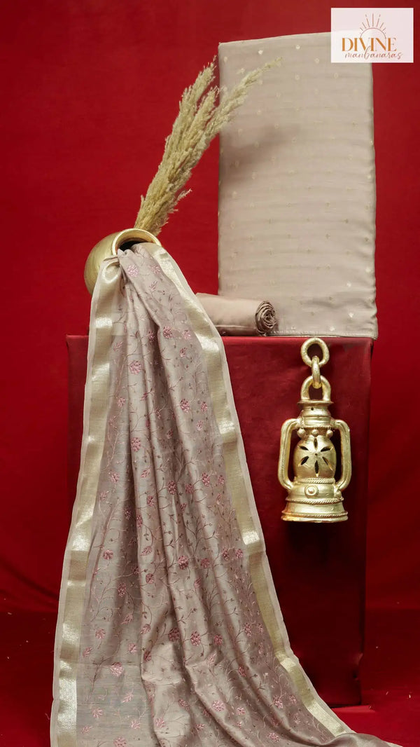 Blooming in Dusty Shade Pure Chanderi Unstitched Suit Set