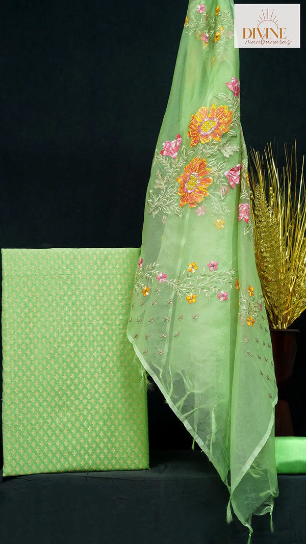 Blossoming in Green Cotton Chanderi Unstitched Suit Set