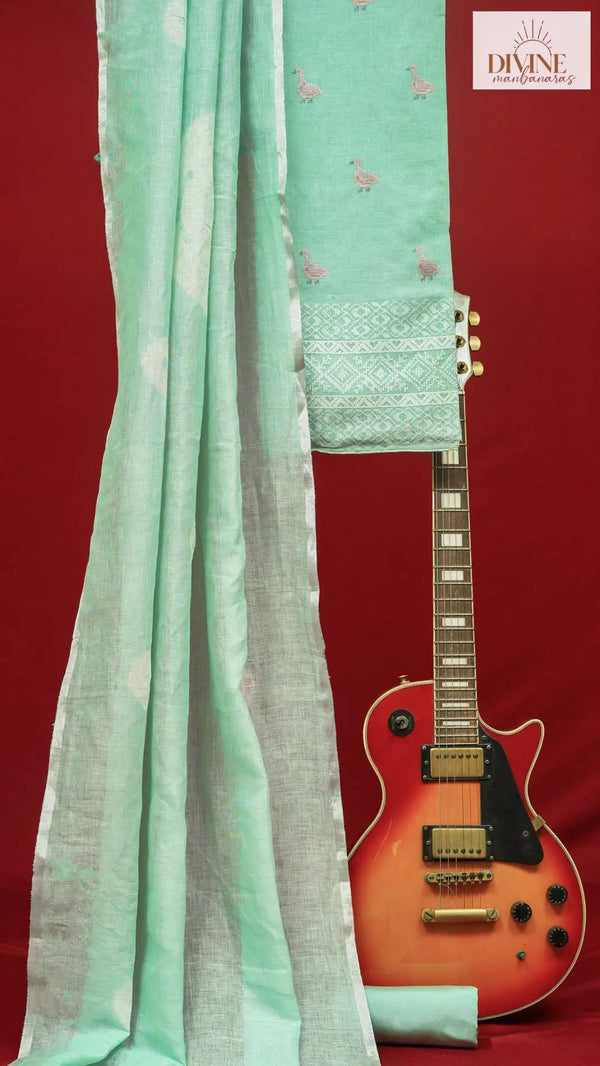 Mint Ease Green Linen Unstitched Suit Set