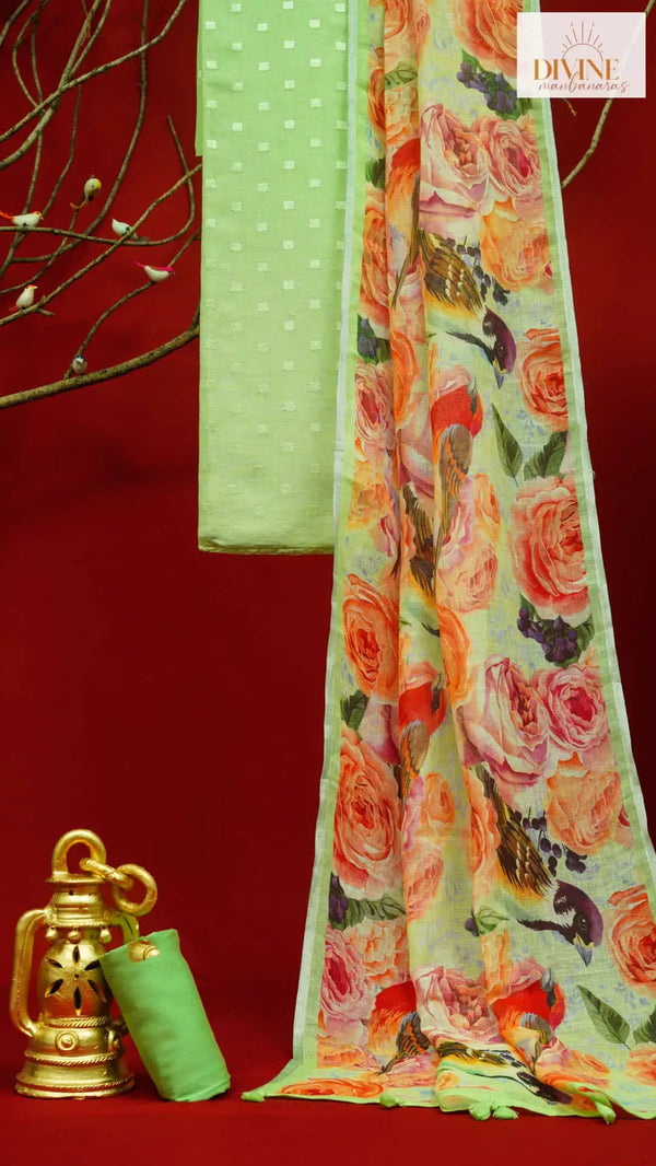 Fanciful Green Linen Unstitched Suit Set