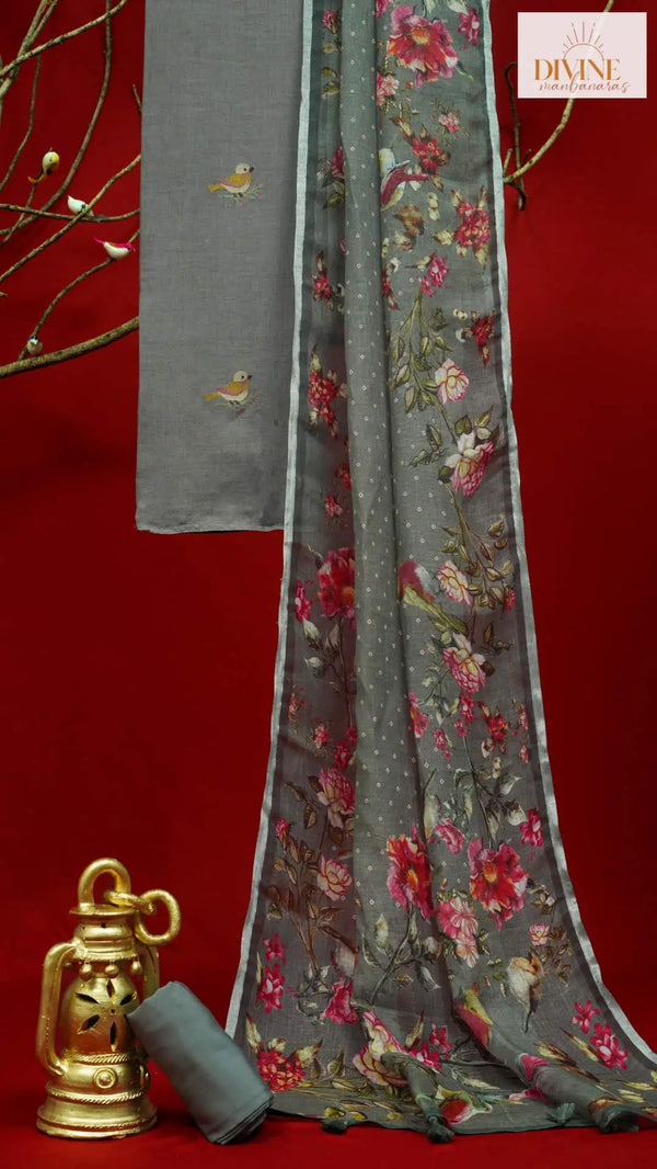 Blooming Grey Linen Unstitched Suit Set