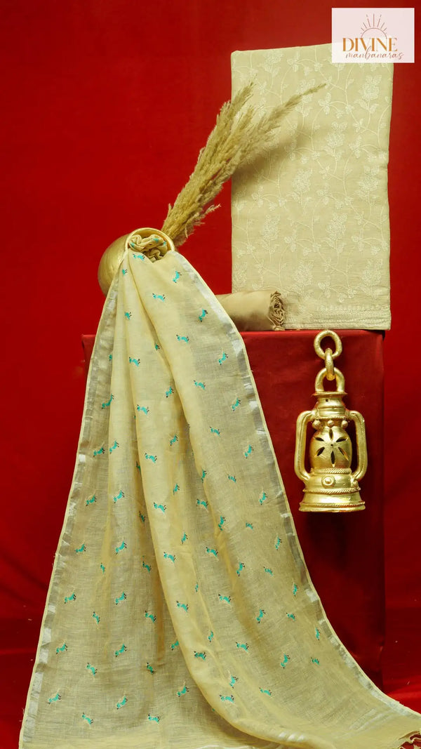 Figured Golden Linen Unstitched Suit Set