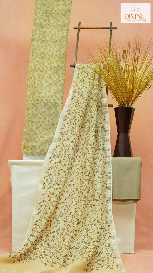 Plumed Beige Linen Unstitched Suit Set