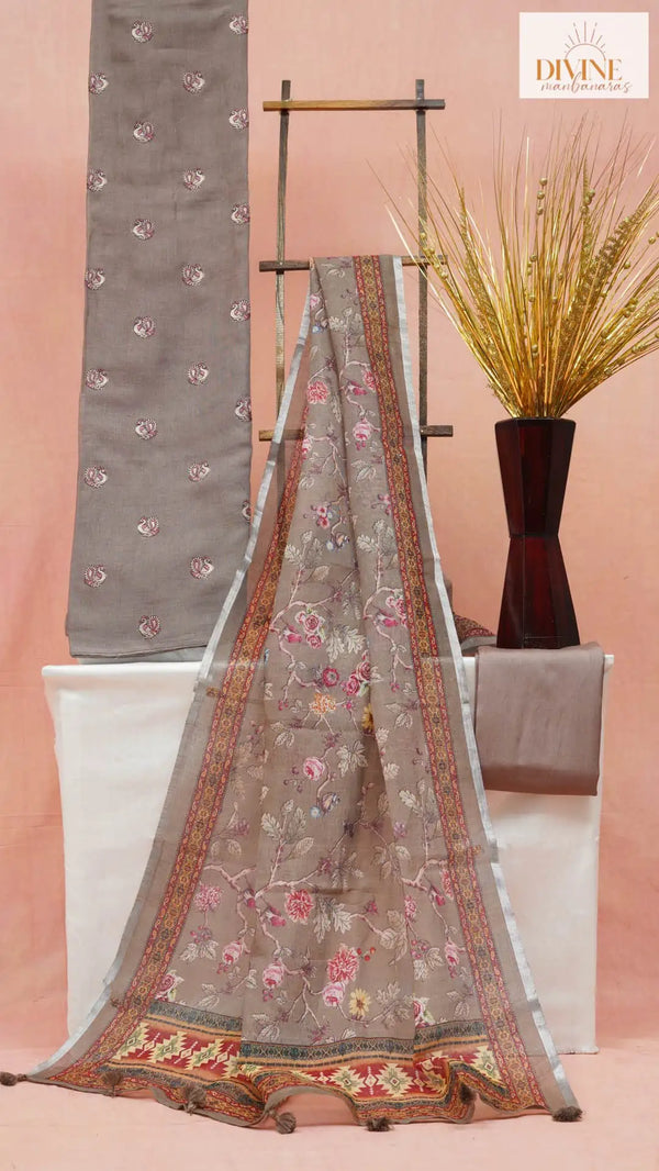 Pearlscent Shady Brown Linen Unstitched Suit Set