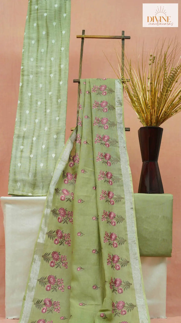 Hand Shade Green Linen Unstitched Suit Set