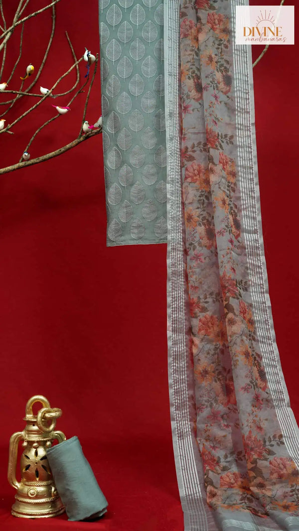 Leafy Grey Organza Unstitched Suit Set