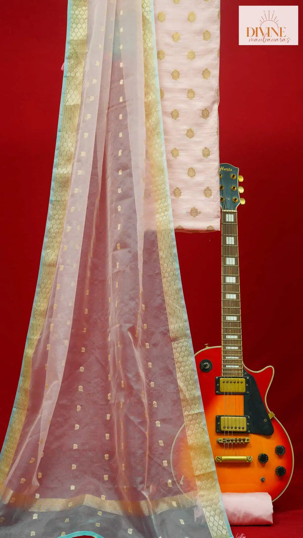 Blue Bordered Pink Chanderi Unstitched Suit Set