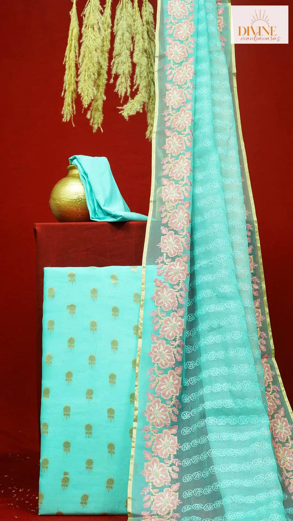 Aquamarine Blue Pure Organza Unstitched Suit Set