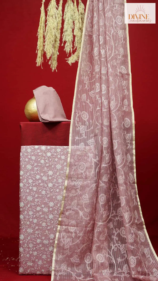 Dusky Brushed Pink Pure Organza Unstitched Suit Set