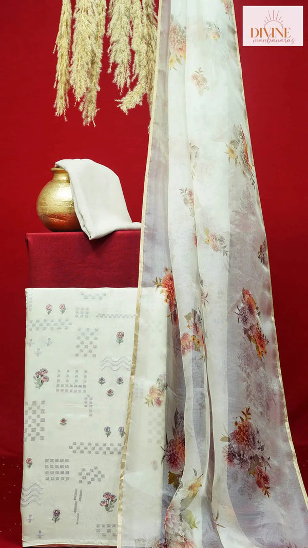 White Plated Grey Pure Organza Unstitched Suit Set