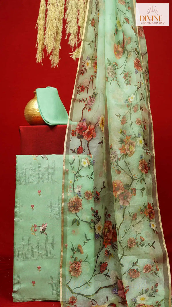 Magical Seafoam Pure Organza Unstitched Suit Set