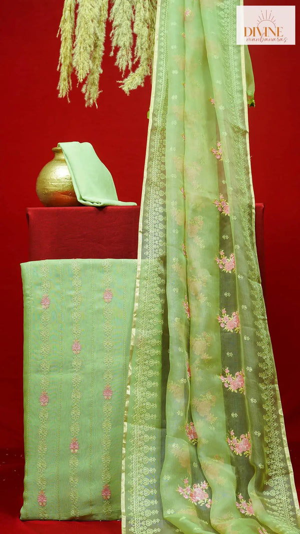Contrasted Green Pure Organza Unstitched Suit Set