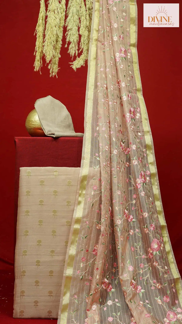 Blooming in Dusty Shade Pure Organza Unstitched Suit Set