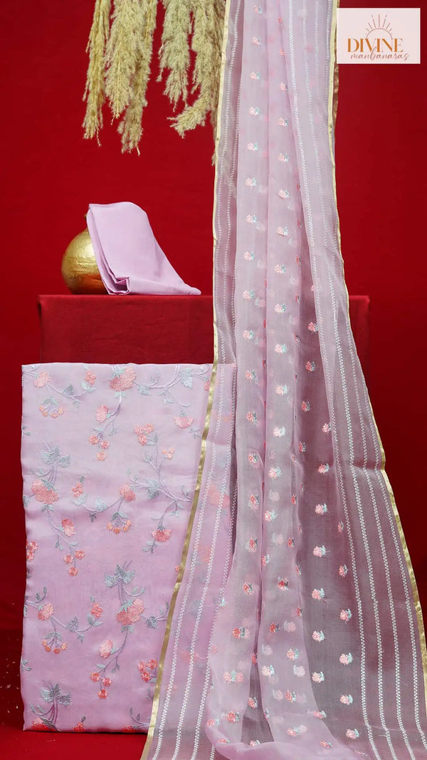 Lavender Pearls Pure Organza Unstitched Suit Set