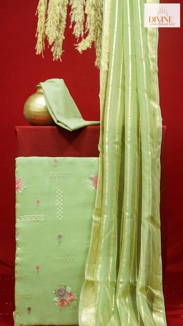 Fluorescent Herb Green Pure Organza Unstitched Suit Set