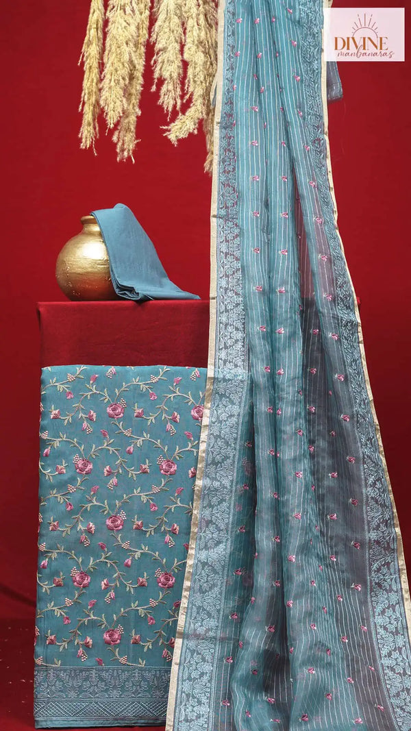 Sico Aegeon Blue Pure Organza Unstitched Suit Set