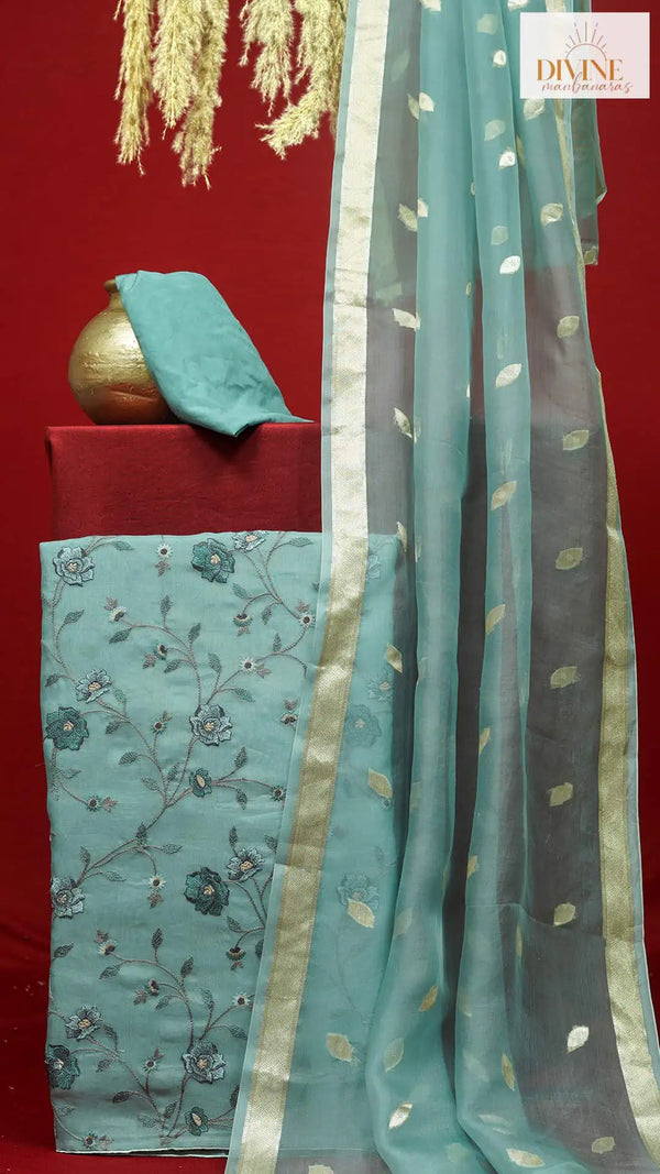 Aegeon-tonic Teal Blue Pure Organza Unstitched Suit Set